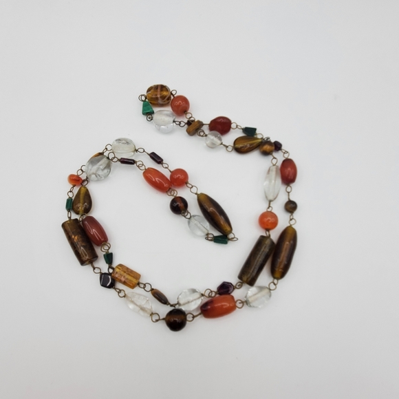 Stone & Glass Beaded Necklace Chain Link Artisan Vintage 33" L Malachite Quartz - Picture 2 of 9